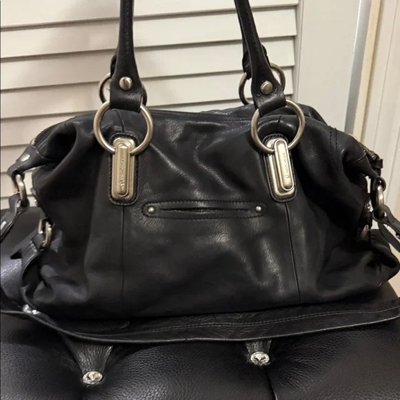 b. makowsky Black Leather Satchel with Silver Accents GUC - Picture 4 of 8